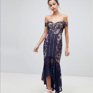 Jarlo All Over Lace Off Shoulder Fishtail Midi